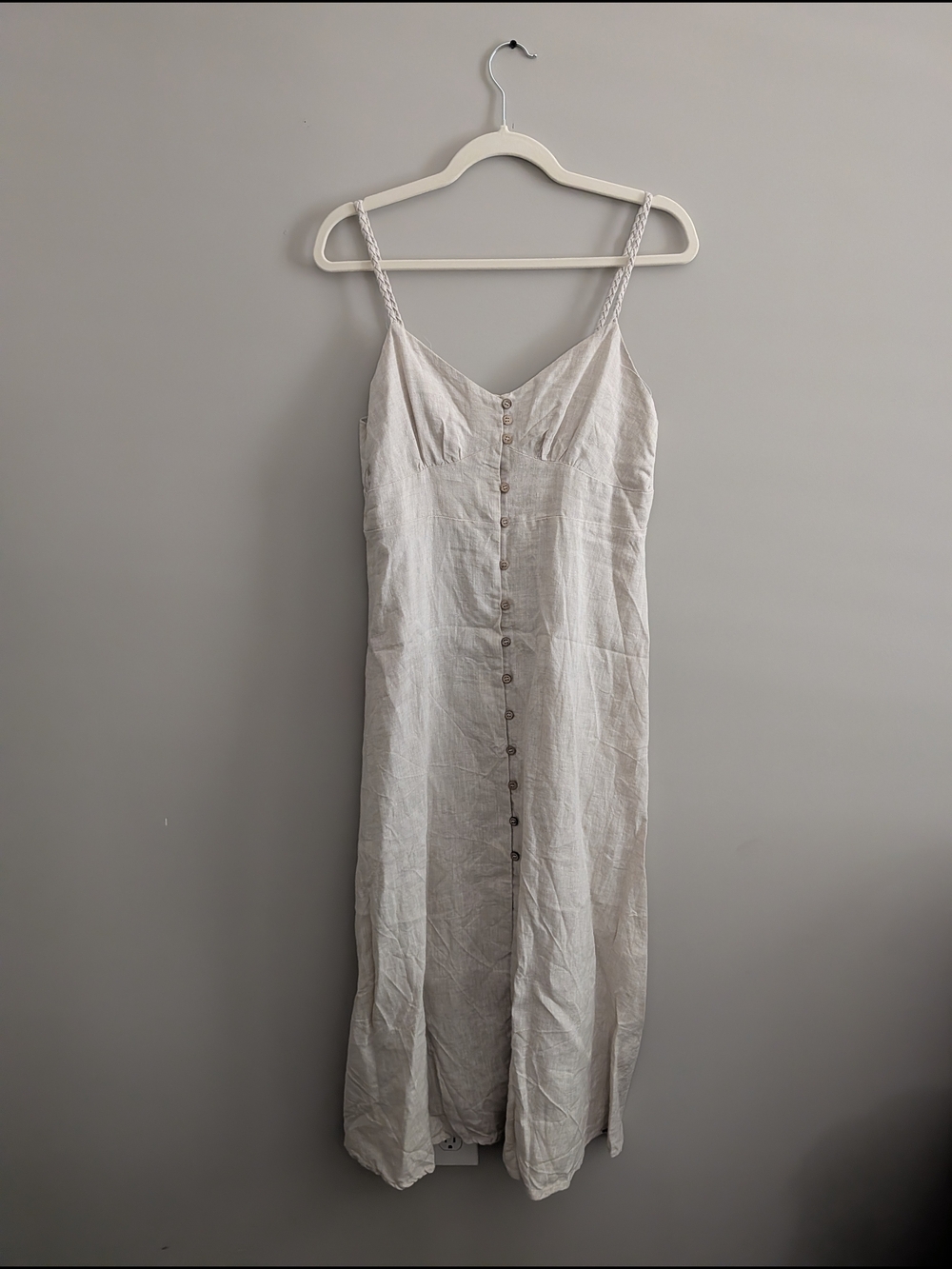Linen Button-Front Slip Dress in Natural